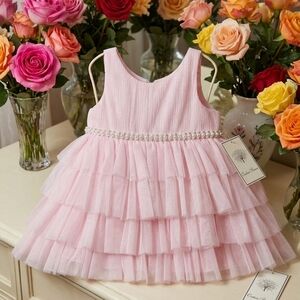 Couture Princess Pink TieredTulle Baby Dress w/ Pearl Waist w/Bloomer, S24m, NWT